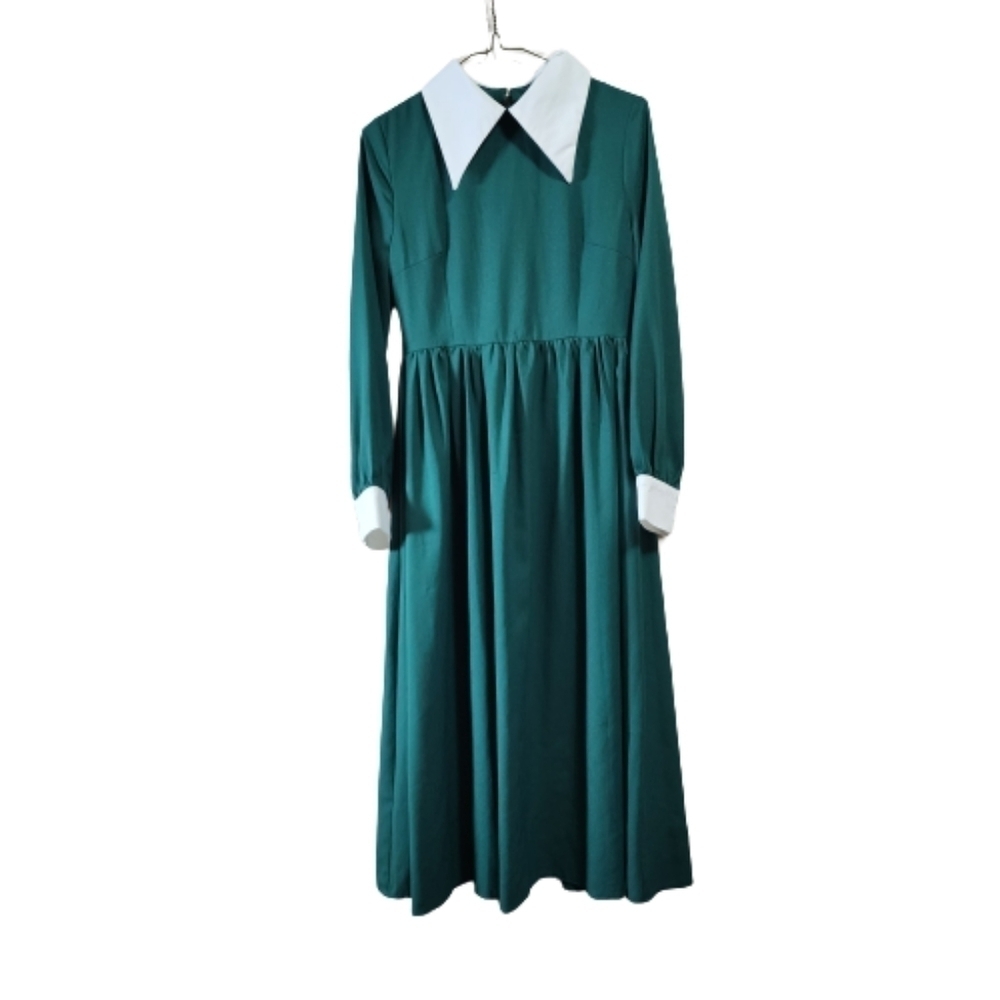 Vintage long sleeves peter pan collar midi dress colir green and white size